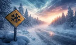 Weite, vereiste arktische Landschaft mit Schneewehen, Eisflächen und tiefstehender Sonne bei klarem Himmel.