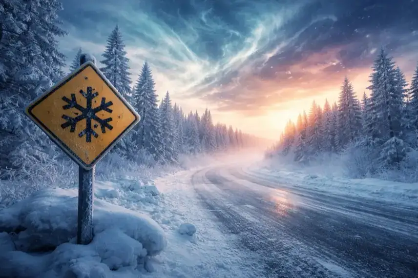 Weite, vereiste arktische Landschaft mit Schneewehen, Eisflächen und tiefstehender Sonne bei klarem Himmel.