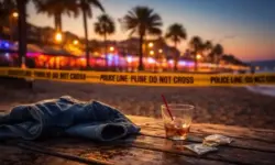 Nächtliche, menschenleere Strandpromenade mit Straßenlaternen und geschlossenen Gebäuden im Hintergrund.