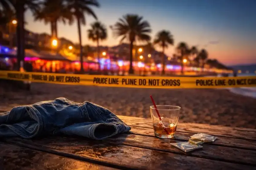 Nächtliche, menschenleere Strandpromenade mit Straßenlaternen und geschlossenen Gebäuden im Hintergrund.