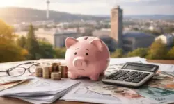 Sparschwein auf einem Tisch mit Finanzdokumenten, Münzstapeln und Taschenrechner, im Hintergrund unscharfe Stadtsilhouette von Stuttgart.