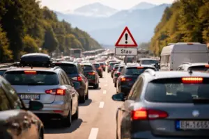 Mehrspurige Autobahn mit dichtem Pkw-Verkehr bei Tageslicht, zahlreiche Fahrzeuge mit eingeschalteten Bremslichtern.