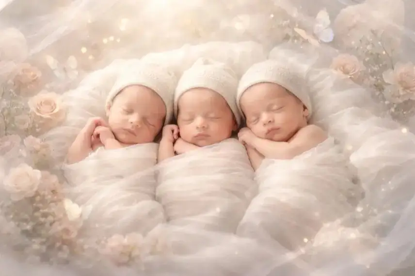 Drei schlafende, identisch aussehende Babys liegen nebeneinander auf hellem, weichem Untergrund in einer künstlerischen Darstellung.