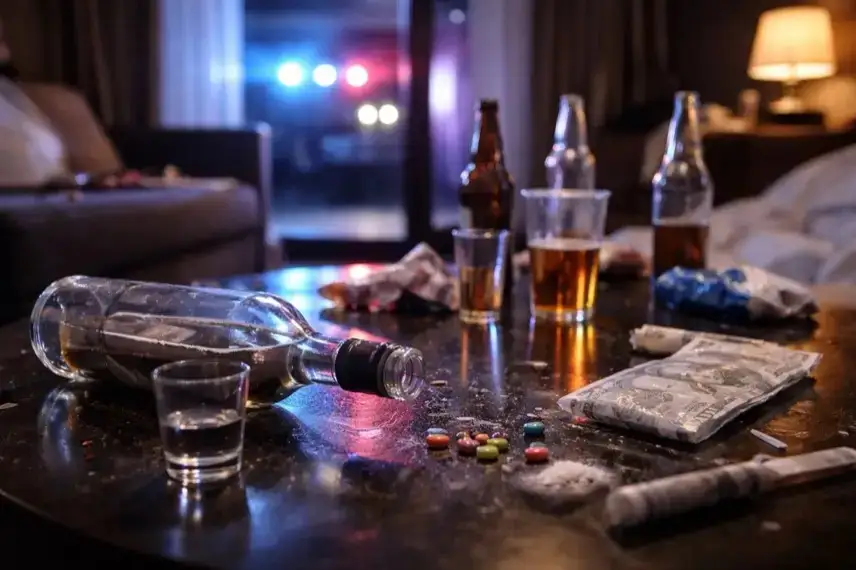 Tisch in einem Hotelzimmer mit leeren Flaschen, Gläsern, Tabletten und zerknüllten Verpackungen bei Nacht.