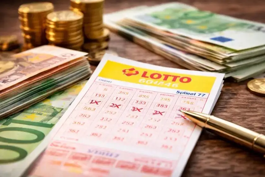 Lottoschein auf einem Holztisch, daneben gestapelte Euro-Banknoten, Münzen und ein Kugelschreiber in hellem Licht.