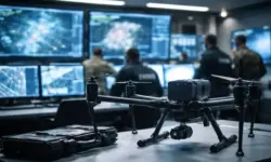 Moderne Sicherheitszentrale mit technischen Geräten, Monitoren und Antennenmodulen in einem hell ausgeleuchteten Raum.