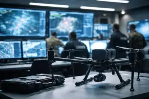 Moderne Sicherheitszentrale mit technischen Geräten, Monitoren und Antennenmodulen in einem hell ausgeleuchteten Raum.