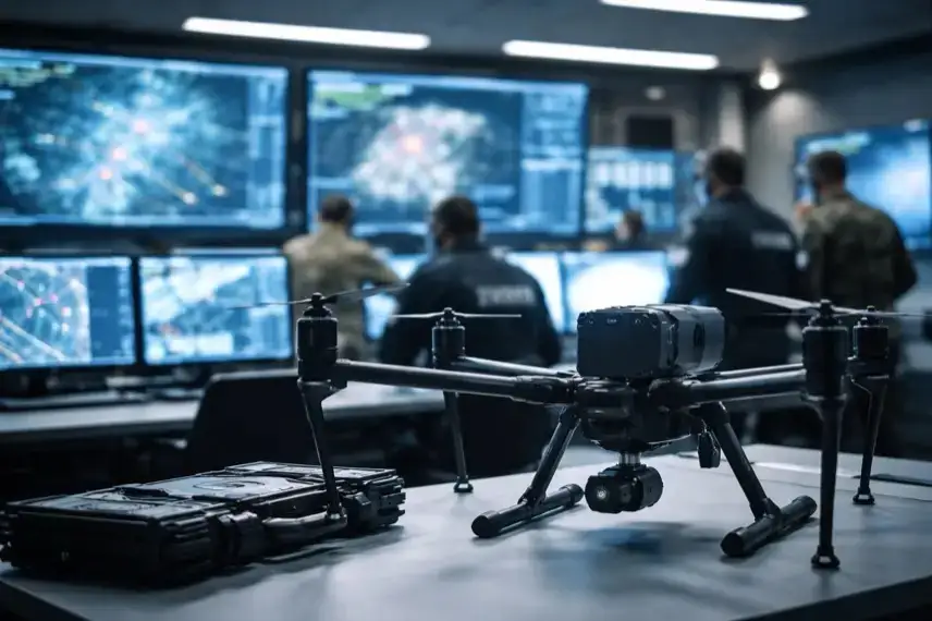 Moderne Sicherheitszentrale mit technischen Geräten, Monitoren und Antennenmodulen in einem hell ausgeleuchteten Raum.