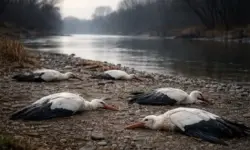 Mehrere tote Weißstörche liegen an einem winterlichen Flussufer, im Hintergrund ein ruhiger Fluss und kahle Ufervegetation.