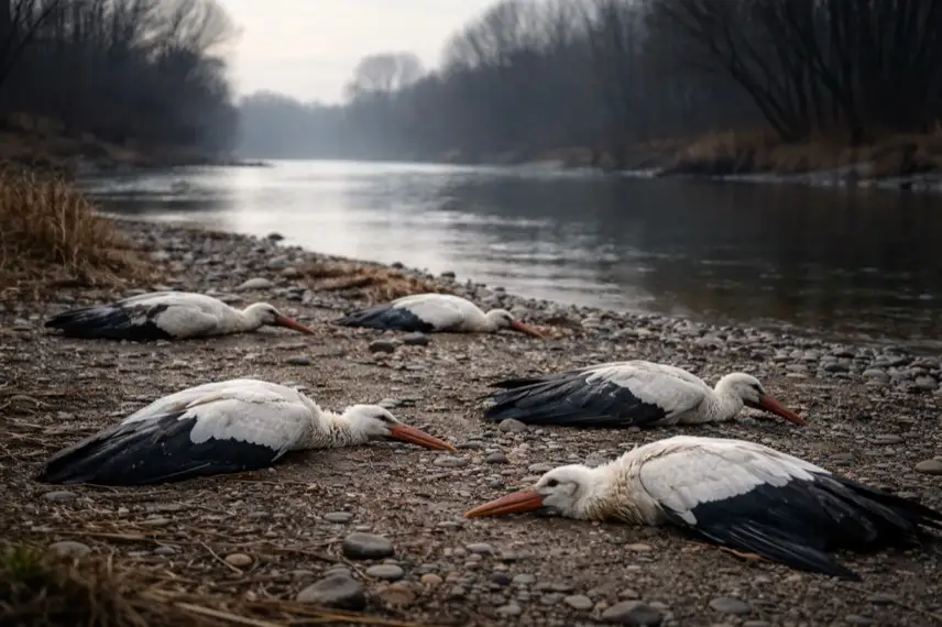 Mehrere tote Weißstörche liegen an einem winterlichen Flussufer, im Hintergrund ein ruhiger Fluss und kahle Ufervegetation.