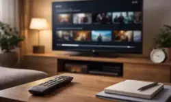 Fernseher mit Streamingoberfläche in einem Wohnzimmer, davor eine Fernbedienung auf einem Tisch, neutral ausgeleuchtete Innenraumszene