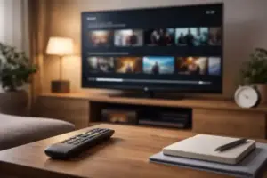 Fernseher mit Streamingoberfläche in einem Wohnzimmer, davor eine Fernbedienung auf einem Tisch, neutral ausgeleuchtete Innenraumszene