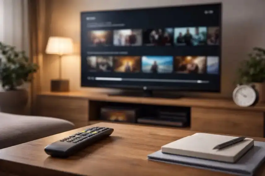 Fernseher mit Streamingoberfläche in einem Wohnzimmer, davor eine Fernbedienung auf einem Tisch, neutral ausgeleuchtete Innenraumszene