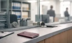 Neutraler Verwaltungsraum mit Schalter, Glaswand und einem geschlossenen Reisepass auf einem Tisch in sachlicher Umgebung