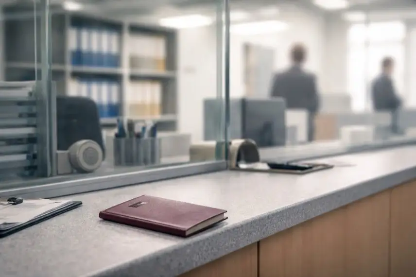 Neutraler Verwaltungsraum mit Schalter, Glaswand und einem geschlossenen Reisepass auf einem Tisch in sachlicher Umgebung