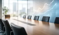 Heller Konferenzraum mit leerem Sitzungstisch und abstrakten Linien im Hintergrund, die Zinsentwicklung und globale Finanzmärkte symbolisieren.