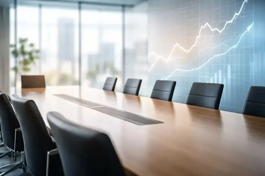 Heller Konferenzraum mit leerem Sitzungstisch und abstrakten Linien im Hintergrund, die Zinsentwicklung und globale Finanzmärkte symbolisieren.