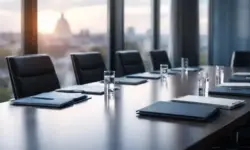 Leerer Konferenztisch in modernem Sitzungsraum mit Dokumentenmappen, Abendlicht und europäischer Stadtsilhouette im Hintergrund