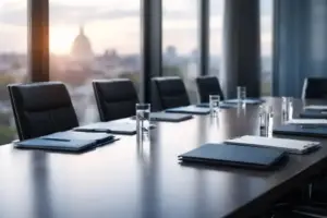 Leerer Konferenztisch in modernem Sitzungsraum mit Dokumentenmappen, Abendlicht und europäischer Stadtsilhouette im Hintergrund