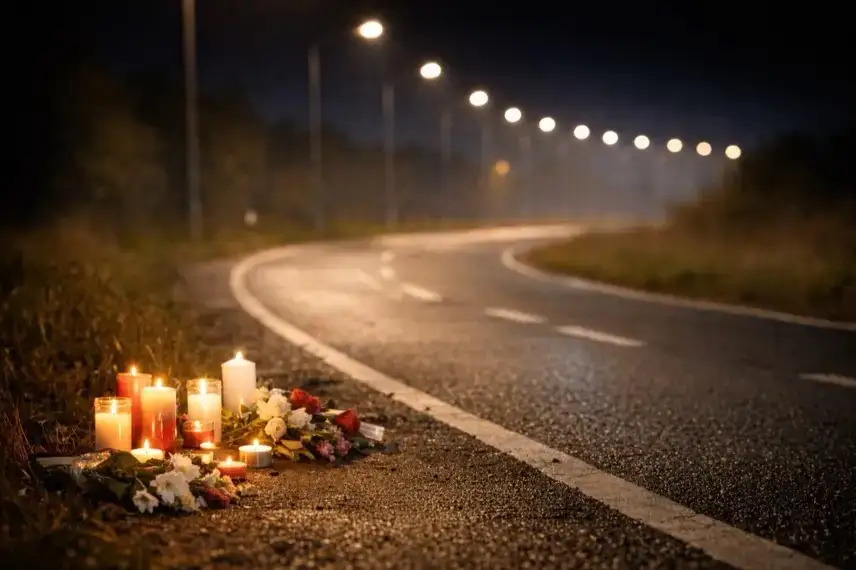 Nächtliche Landstraße bei Bretten mit Kerzen und Blumen am Fahrbahnrand und einem beschädigten Auto im Hintergrund