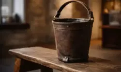 Historischer Leder-Löscheimer aus dem 18. Jahrhundert auf einer Holzbank in einem Museumsraum mit weichem Licht