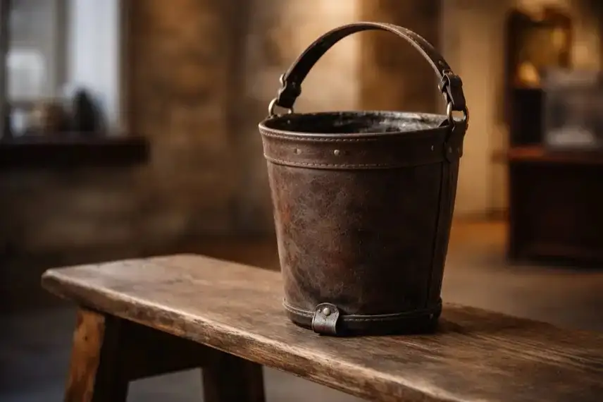 Historischer Leder-Löscheimer aus dem 18. Jahrhundert auf einer Holzbank in einem Museumsraum mit weichem Licht