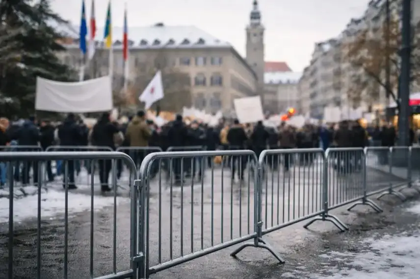 Winterlicher Marktplatz in Pforzheim mit Absperrgittern und Bannern im Hintergrund während einer Demonstration gegen Abschiebehaft.