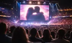 Innenansicht eines Konzertstadions mit Videoleinwand, auf der ein anonymes Paar aus dem Publikum zu sehen ist, unscharf und ohne erkennbare Details.