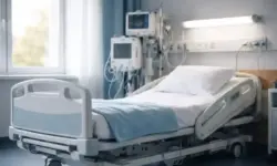 Heller Krankenhausflur mit leerem Patientenbett und medizinischen Geräten zur Atemunterstützung bei Lungenerkrankungen