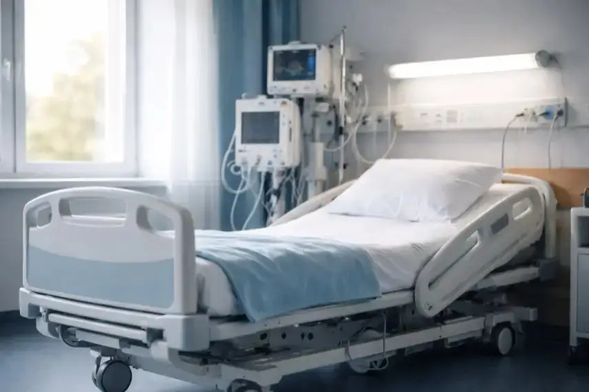 Heller Krankenhausflur mit leerem Patientenbett und medizinischen Geräten zur Atemunterstützung bei Lungenerkrankungen