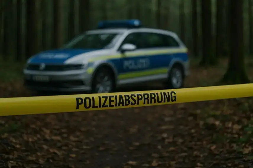 Polizeiauto im Wald hinter gelbem Absperrband, unscharfer Hintergrund mit Bäumen.