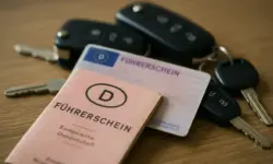 Ein moderner Führerschein und ein Autoschlüssel liegen auf einer hellen Holzoberfläche, im Hintergrund ein unscharfer Schreibtischbereich.
