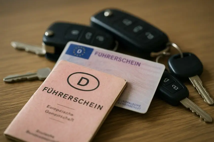 Ein moderner Führerschein und ein Autoschlüssel liegen auf einer hellen Holzoberfläche, im Hintergrund ein unscharfer Schreibtischbereich.