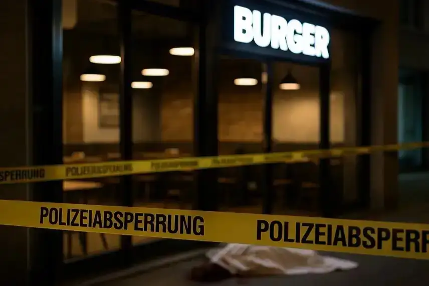 Polizeiband vor einem beleuchteten Burgerrestaurant bei Nacht, Stühle im Innenraum sichtbar, Szene ohne Personen.