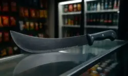 Machete auf einer Glastheke in einem Kiosk, im Hintergrund unscharfe Regale mit Waren.