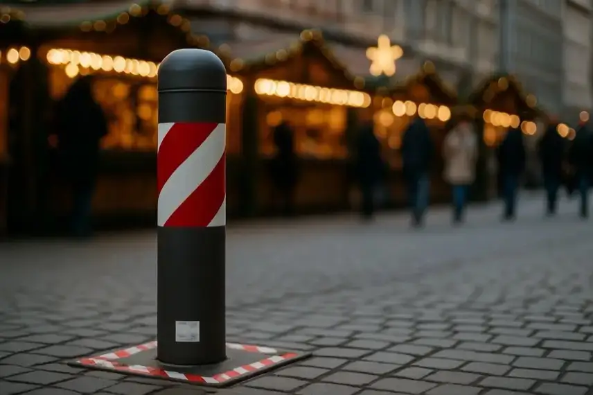Ein schwarz-grauer Poller mit rot-weißer Markierung auf Kopfsteinpflaster, im Hintergrund unscharfe Weihnachtsmarktstände mit Lichterketten.
