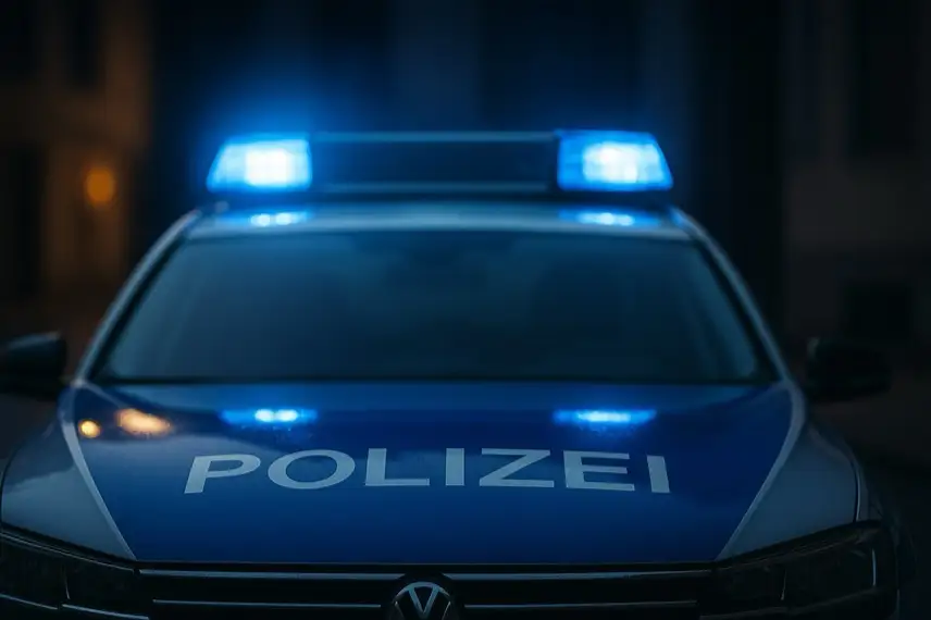 Frontalansicht eines Polizeiautos mit blauem Blaulicht in nächtlicher Umgebung, ohne erkennbare Personen oder weitere Details.