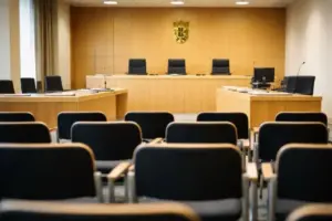 Leerer Gerichtssaal mit Richterbank und Zeugenstand während eines Strafprozesses am Landgericht, sachliche Innenaufnahme ohne Personen.