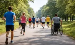 Menschen laufen, gehen und fahren im Rollstuhl gemeinsam auf einer breiten Laufstrecke in einer Parklandschaft bei einem Spendenlauf