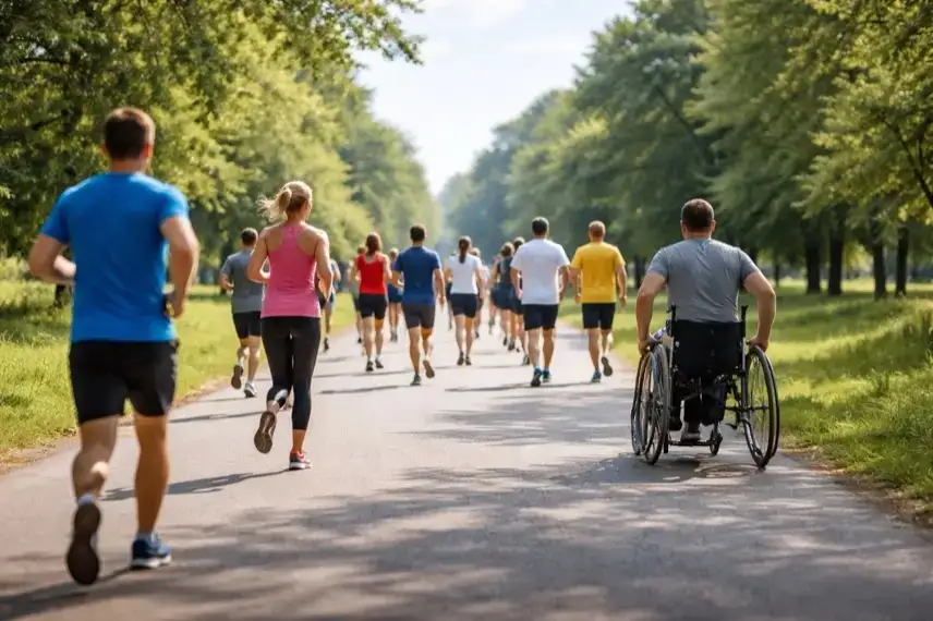 Menschen laufen, gehen und fahren im Rollstuhl gemeinsam auf einer breiten Laufstrecke in einer Parklandschaft bei einem Spendenlauf