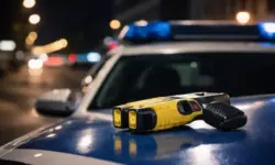 Elektro-Taser als polizeiliches Einsatzmittel liegt auf Fahrzeug, nächtliche Straße im Hintergrund, Symbol für Taser-Einsatz der Polizei in Deutschland