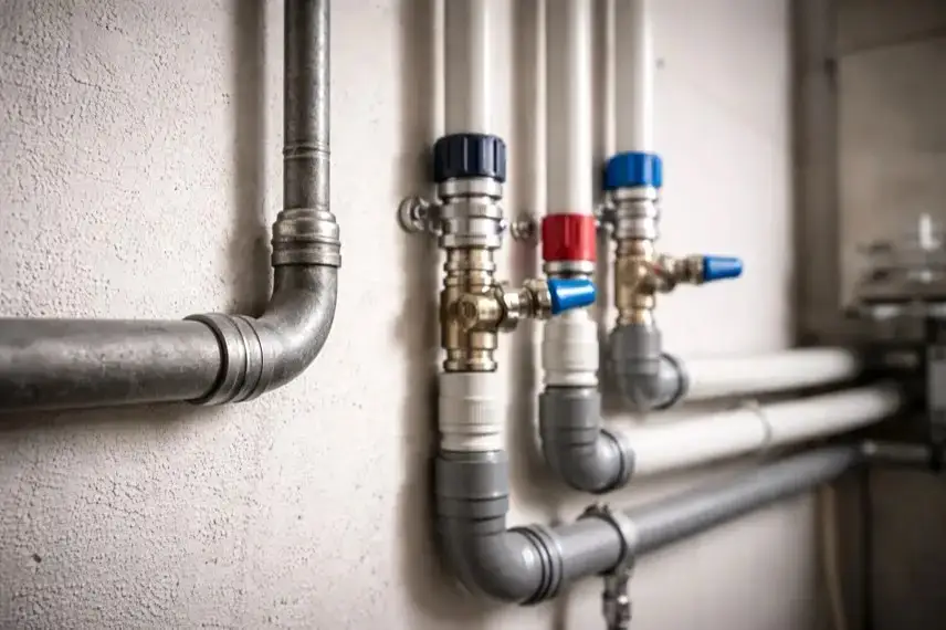 Alte graue Trinkwasserleitung und moderne Wasserrohre in einem Hauskeller, Teil einer Trinkwasserinstallation mit Bleirohren