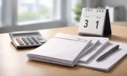 Schreibtisch mit anonymen Versicherungsunterlagen, Taschenrechner und Kalender zum Jahreswechsel, symbolisch für private Krankenversicherung 2026