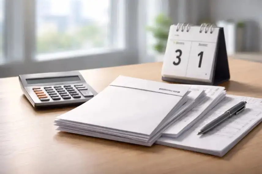 Schreibtisch mit anonymen Versicherungsunterlagen, Taschenrechner und Kalender zum Jahreswechsel, symbolisch für private Krankenversicherung 2026