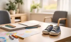 Heller Beratungsraum mit Tisch, Kinderzeichnungen, Schulheften und kleinen Schuhen als Symbol für Unterstützung von Familien in NRW.