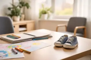 Heller Beratungsraum mit Tisch, Kinderzeichnungen, Schulheften und kleinen Schuhen als Symbol für Unterstützung von Familien in NRW.