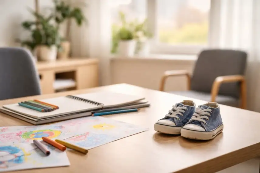 Heller Beratungsraum mit Tisch, Kinderzeichnungen, Schulheften und kleinen Schuhen als Symbol für Unterstützung von Familien in NRW.