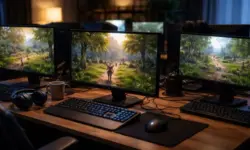 Mehrere Computerarbeitsplätze mit Bildschirmen, die eine Fantasy-Spielwelt aus World of Warcraft Classic Hardcore zeigen