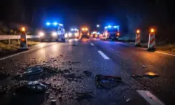 Abgesperrte Bundesstraße 2 bei Nacht mit Einsatzfahrzeugen, Blaulicht und Trümmerteilen nach schwerem Verkehrsunfall