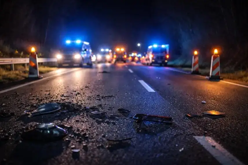 Abgesperrte Bundesstraße 2 bei Nacht mit Einsatzfahrzeugen, Blaulicht und Trümmerteilen nach schwerem Verkehrsunfall